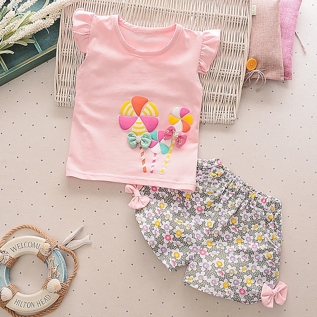  Baby Girls' Active Casual Daily Going out Cotton Sun Flower Floral Print Short Sleeve Regular Clothing Set Yellow Blushing Pink Fuchsia / Toddler