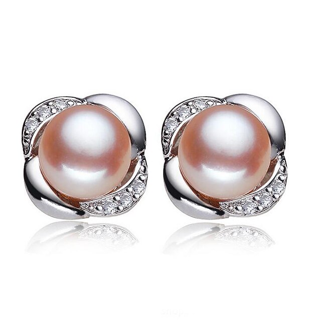  Women's Cubic Zirconia Freshwater Pearl Stud Earrings Solitaire Flower Ladies Natural Fashion Sweet S925 Sterling Silver Freshwater Pearl Earrings Jewelry White / Pink For Wedding Party Daily
