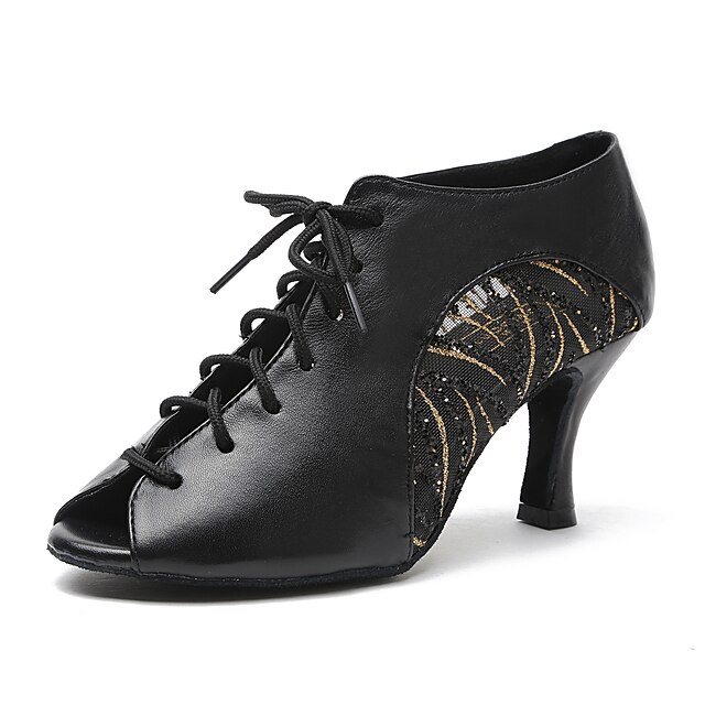 Mulheres Sapatos de Dança Sapatos de Dança Latina Têni MiniSpot / Lantejoula Salto Grosso Personalizável Preto / Dourado / Ensaio / Prática