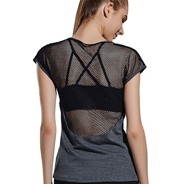  Dam Yoga Top Genomskinlig Lappverk Mode Svart Mesh Elastan Zumba Gym träning Pilates T-shirt Kortärmad Sport Sportkläder Lättvikt Andningsfunktion Snabb tork Mjuk Hög Elasisitet