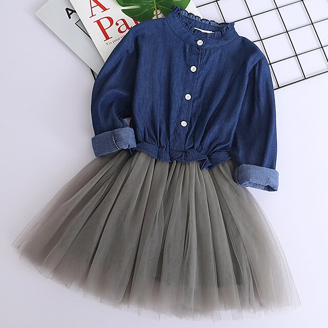  Kids Toddler Girls' Sweet Cute Party Holiday Solid Colored Mesh Long Sleeve Knee-length Dress Blue
