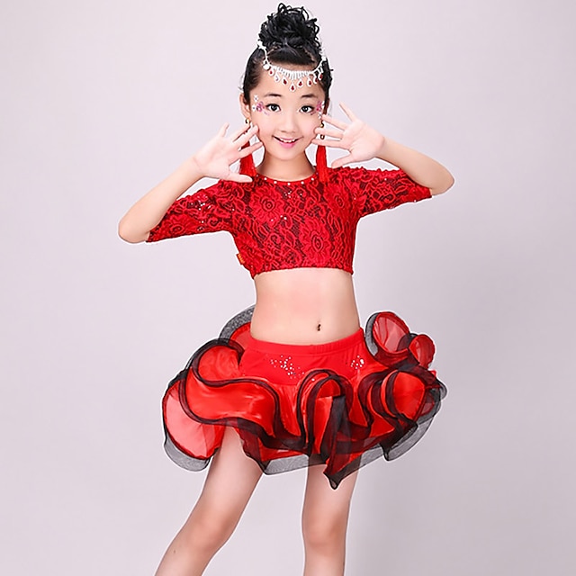  Latin Dance Skirts Lace Ruching Girls' Training Performance Half Sleeve High Polyester