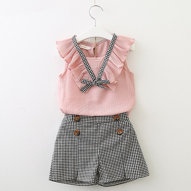  Kids Girls' Clothing Set Short Sleeve Blushing Pink White Check Bow Cotton Daily Going out Active Vintage Regular