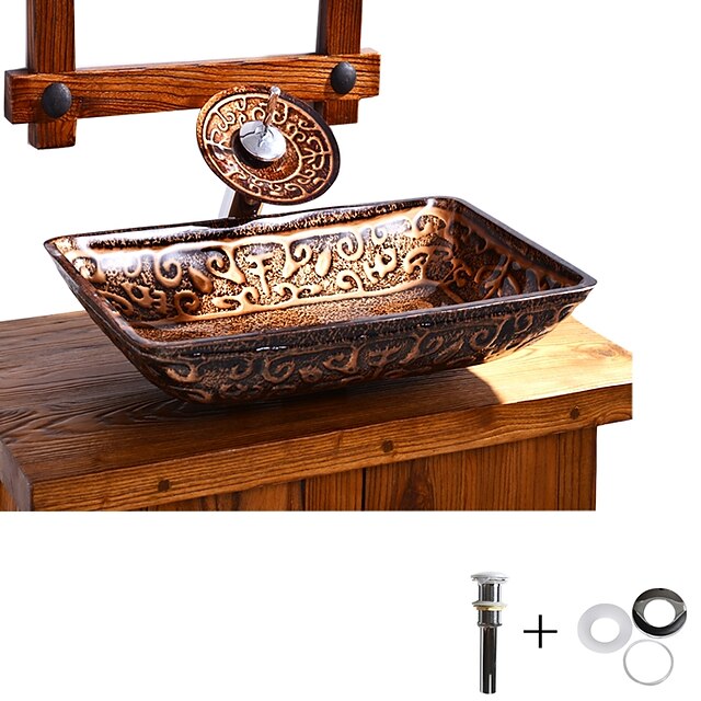  Bathroom Sink Faucet Suit Contain with Zinc Alloy Bathroom Mounting Ring Antique Tempered Glass Rectangular Vessel Sink and Brass Water Drain