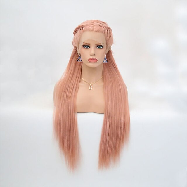 Synthetic Lace Front Wig Straight Braid Lace Front Wig Pink Long Pink Synthetic Hair Women's Heat Resistant Pink