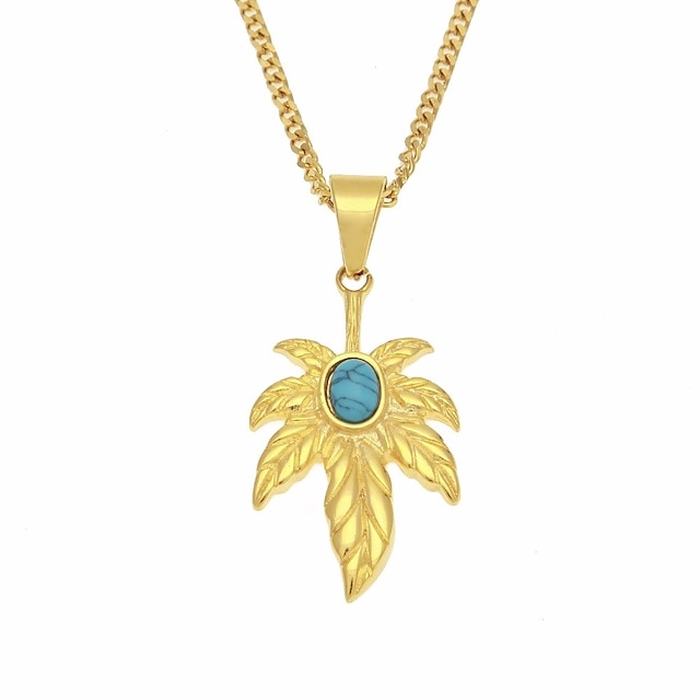  Men's Turquoise Pendant Necklace Chain Necklace Cuban Link Maple leaf Leaf Stylish European Hip-Hop Stone Steel Stainless Gold 60 cm Necklace Jewelry 1pc For Daily Street
