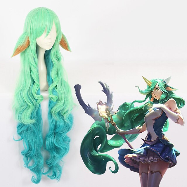  LOL KDA Soraka Cosplay Wigs All Layered Haircut 44 inch Heat Resistant Fiber Curly Green Anime Wig