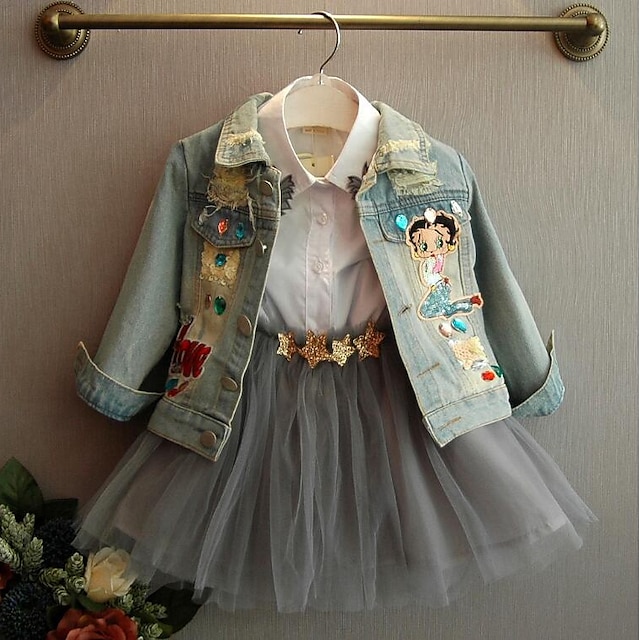 Baby & Kids Girls Clothing | Kids Girls Jacket & Coat Long Sleeve Blue Cartoon Patchwork Sequins Fall Spring Active Daily / Deni