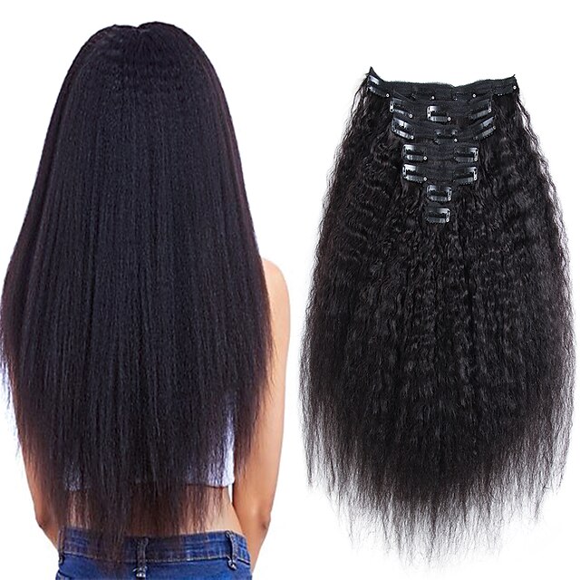  Clip In / On Hair Extensions Human Hair 7pcs / pack Pack kinky Straight Natural Black Hair Extensions