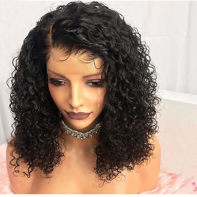  Remy Human Hair Lace Front Wig Bob Kardashian style Brazilian Hair Water Wave Natural Black Wig 130% Density with Baby Hair Natural Hairline African American Wig Unprocessed Bleached Knots Women's