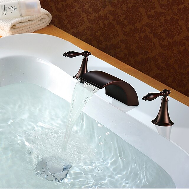  Bathroom Sink Faucet - Waterfall / Widespread Oil-rubbed Bronze Widespread Two Handles Three HolesBath Taps / Brass