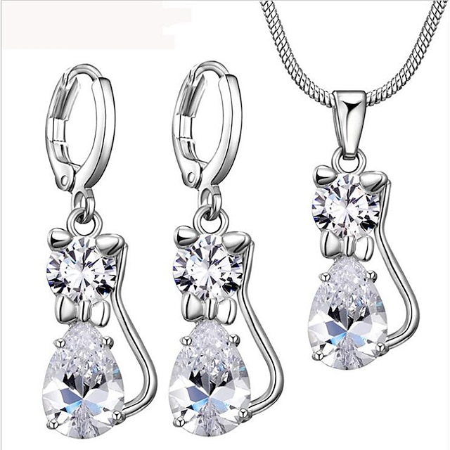 Women's AAA Cubic Zirconia Pendant Necklace Stylish Cat Ladies Fashion Silver Plated Earrings Jewelry White For Daily Evening Party