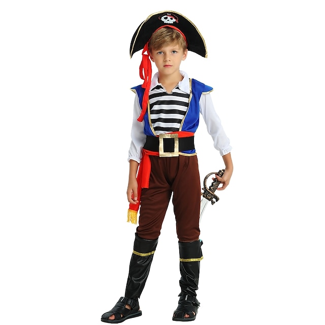  Pirate Costume Kids Boys' Halloween Halloween Carnival Children's Day Festival / Holiday Polyster Coffee Carnival Costumes Striped Solid Colored Halloween / Top / Pants / Hat / Waist Belt / Top