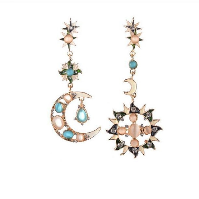  Women's Crystal Drop Earrings Mismatched Chandelier Moon Ladies Cubic Zirconia Earrings Jewelry Blue For