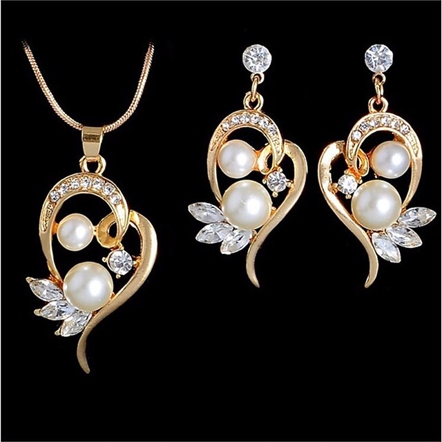  Women's Freshwater Pearl Pendant Necklace Earrings Hollow Out Heart Hollow Heart Ladies Elegant Romantic Fashion Casual / Sporty Earrings Jewelry Gold / Silver For Wedding Gift Masquerade Engagement