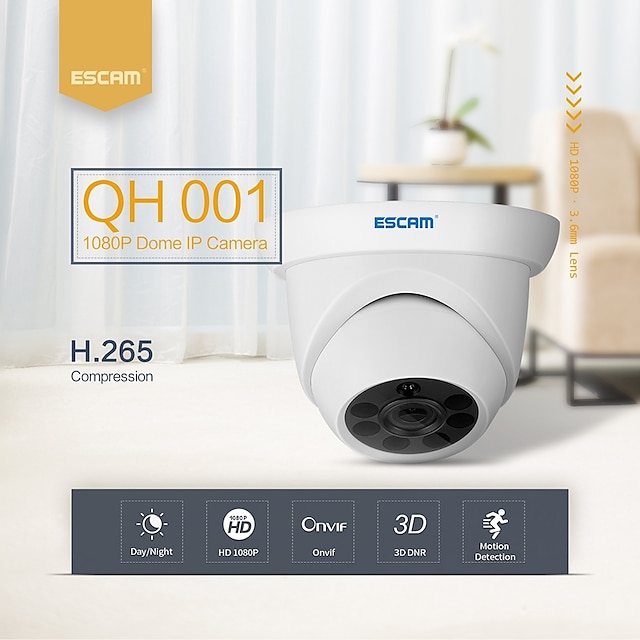  ESCAM® QH001 ONVIF H.265 1080P P2P IR Dome IP Camera with Smart Analysis Function