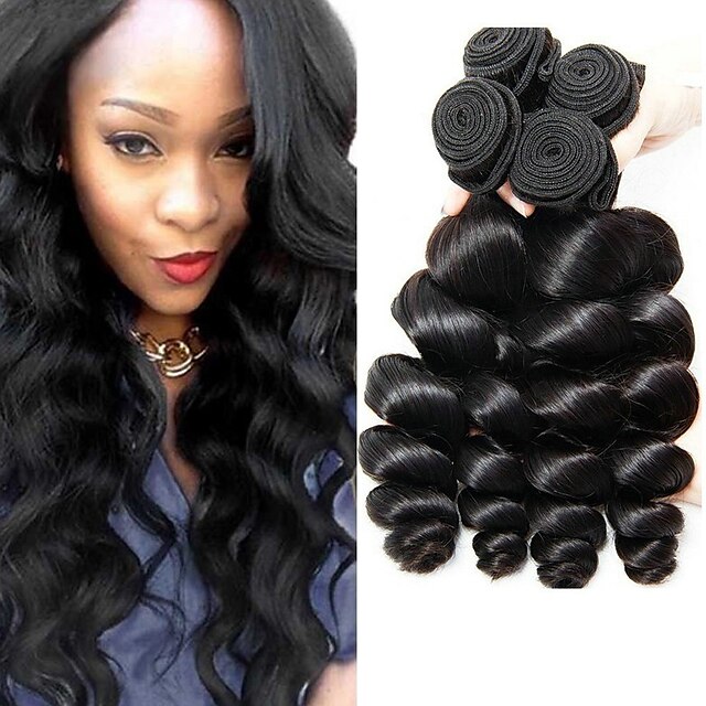 4 Bundles Hair Weaves Indian Hair Loose Wave Human Hair Extensions Remy ...