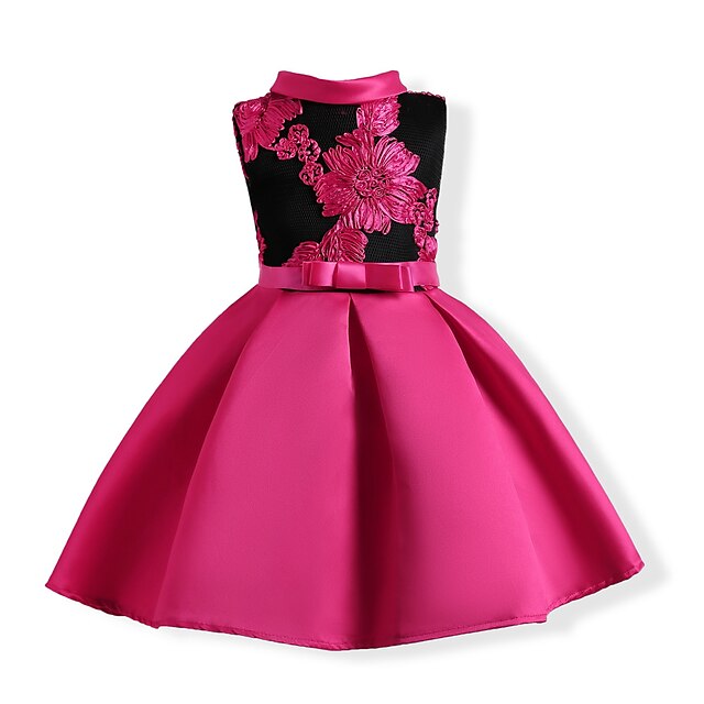  Infantil Para Meninas Vestido Floral Sem Manga Festa Bordado Laço Doce Algodão Poliéster Verão Vermelho Azul Fúcsia