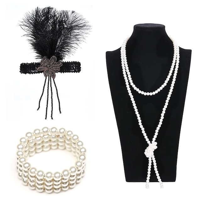  The Great Gatsby Charleston Vintage 1920s Costume Accessory Sets Flapper Headband Women's Artistic Style Costume Head Jewelry Pearl Necklace Slave Bracelet Black / Golden / White Vintage Cosplay