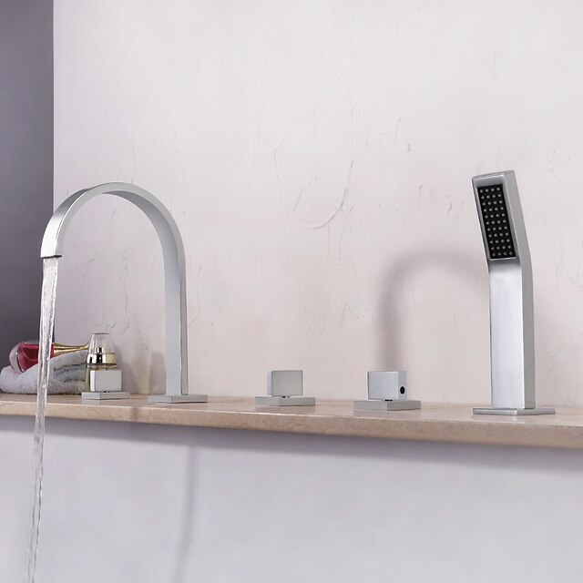  Bathtub Faucet - Contemporary Chrome Roman Tub Ceramic Valve Bath Shower Mixer Taps / Three Handles Five Holes