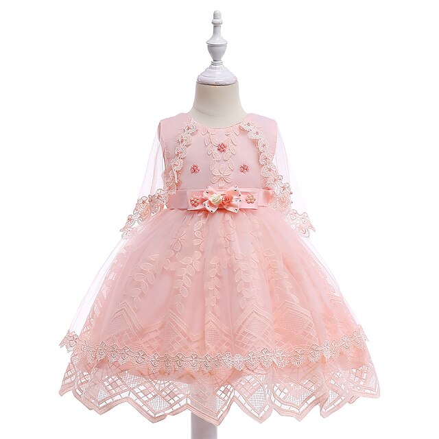  Enfants Fille Basique Rétro Vintage Soirée Anniversaire Couleur Pleine Dentelle Sans Manches Mi-long Robe Rose Claire