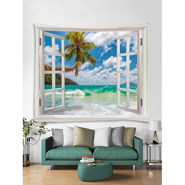  Window Landscape Wall Tapestry Art Decor Blanket Curtain Picnic Tablecloth Hanging Home Bedroom Living Room Dorm Decoration Polyester Sea Ocean Beach Palm