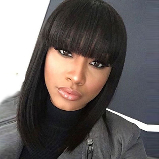  perucas pretas para mulheres peruca sintética reta kardashian bob peruca comprimento médio preto natural # 1b cabelo sintético feminino peruca afro-americana de 12 polegadas com franja