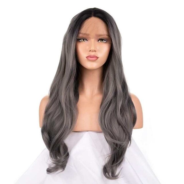  Perucas Lace Front Sintéticas Ondulado Parte do meio Frente de Malha Peruca Âmbar Longo Preto / Cinza Cabelo Sintético 22-26 polegada Mulheres Resistente ao Calor Feminino Repartida ao Meio Âmbar