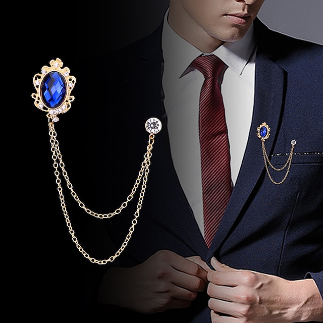  Men's Cubic Zirconia Brooches Stylish Link / Chain Creative Statement Fashion British Brooch Jewelry Royal Blue Black For Party Daily