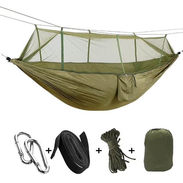  Hamaca para camping con red antimosquitos Doble hamaca Al aire libre Portátil Antimosquitos Utra ligero (UL) Plegable Transpirable Paracaídas de nylon Con mosquetones y correas de árboles. para 2