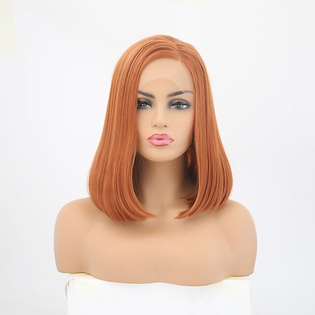  Perucas Lace Front Sintéticas Liso Parte lateral Frente de Malha Peruca Curto Laranja Cabelo Sintético 12-14 polegada Mulheres Ajustável Resistente ao Calor Festa Marrom