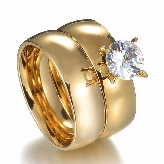  Anéis de Casal Clássico Dourado Aço Inoxidável Coroa senhoras Estiloso Simples 2pcs 7 8 9 10 11 / Solitário / Anel de banda