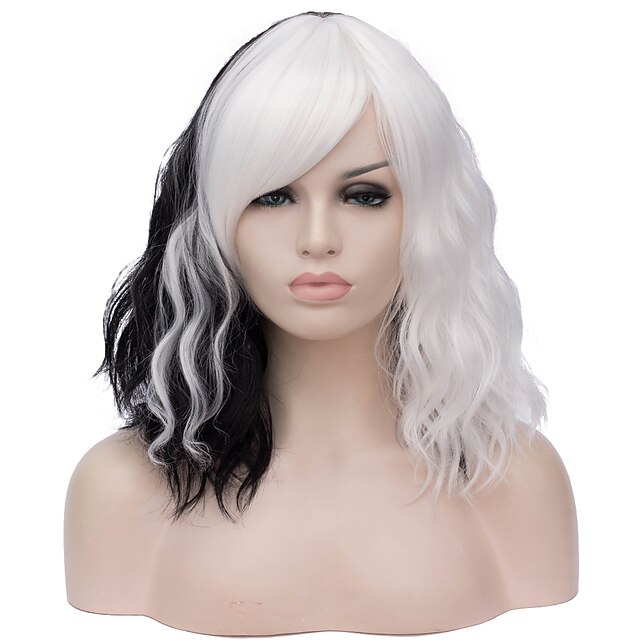  Curly Kardashian Middle Part Wig Short Black / White Synthetic Hair 16 inch Women's Fashionable Design Black White