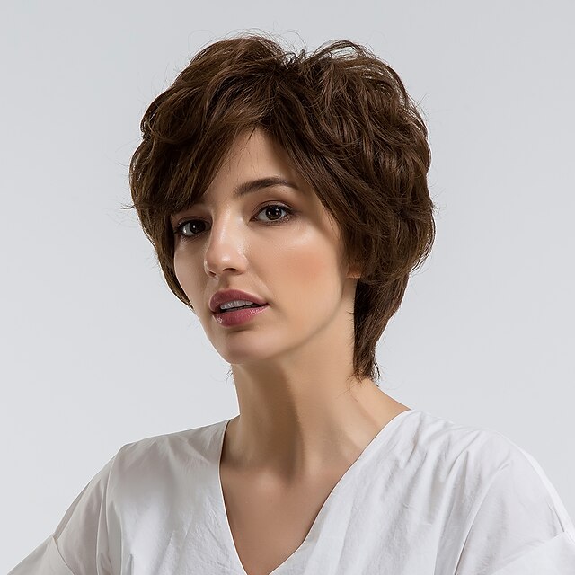  Human Hair Blend Wig Curly Pixie Cut Short Hairstyles 2020 Berry Dark Brown Natural Hairline Capless Women's Natural Black #1B Golden Brown#12 Silver 10 inch Daily Wear