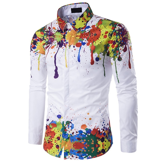  ανδρικό γραφικό πουκάμισο με μακρυμάνικο γιακά με στάμπα ουράνιου τόξου καθημερινές διακοπές λεπτές μπλούζες πιτσιλιές μπογιάς casual επίσημο λευκό με μωβ και μπλε βαμβακερή μόδα
