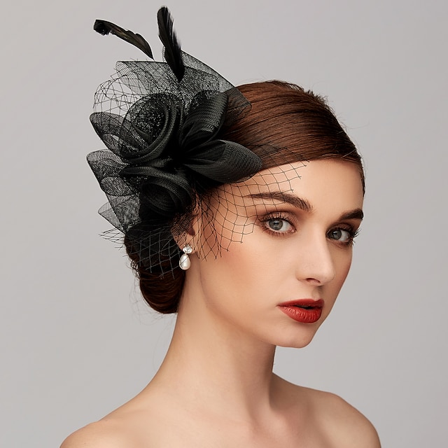  Eleganter Netz-Tüll Fascinator Hüte Kopfschmuck Clip Haarband mit Schleife(n) Feder Blume floral 1PC Kentucky Hochzeit Teeparty Pferderennen Cocktail Vintage für Frauen um zu beeindrucken