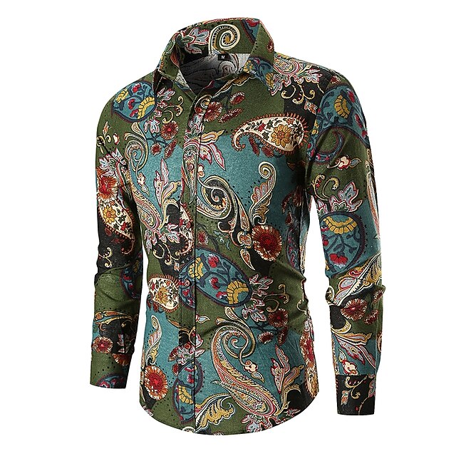 Men's Paisley Tribal Shirt Long Sleeve Vintage Fashion Cool Street Daily Holiday Spring & Fall Collar Yellow Army Green Red Green 9