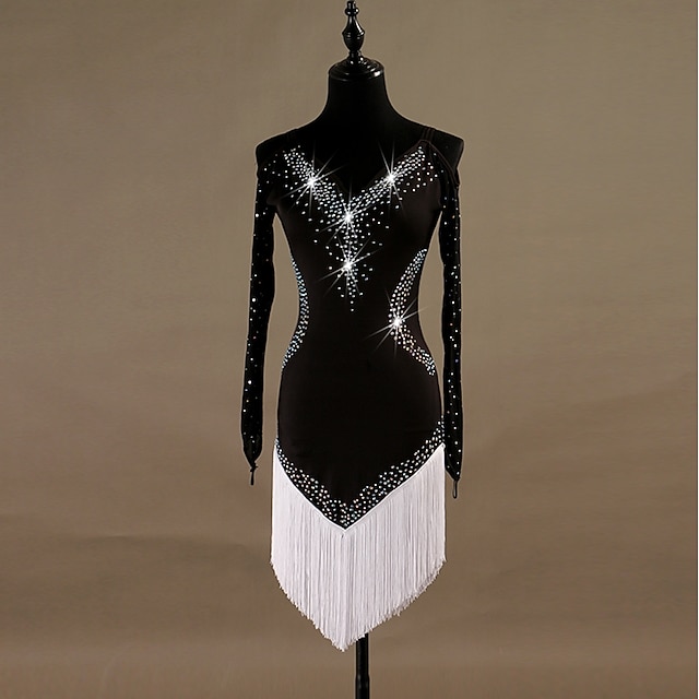 Latin Dance Dress Long Sleeve Tassel Crystals/Rhinestones Women's Performance  Chinlon Mesh