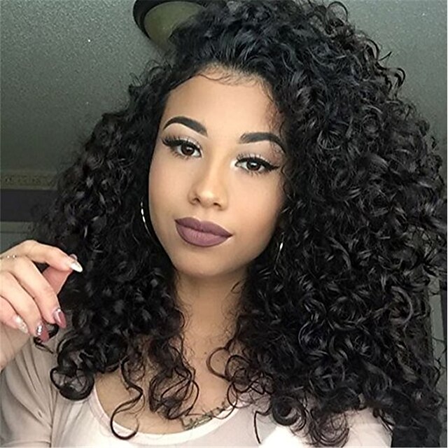  Remy Human Hair Full Lace Lace Front Wig Asymmetrical Kardashian style Brazilian Hair Afro Curly Black Wig 130% 150% 180% Density with Baby Hair Fashionable Design Women Sexy Lady Natural Women's 8-14