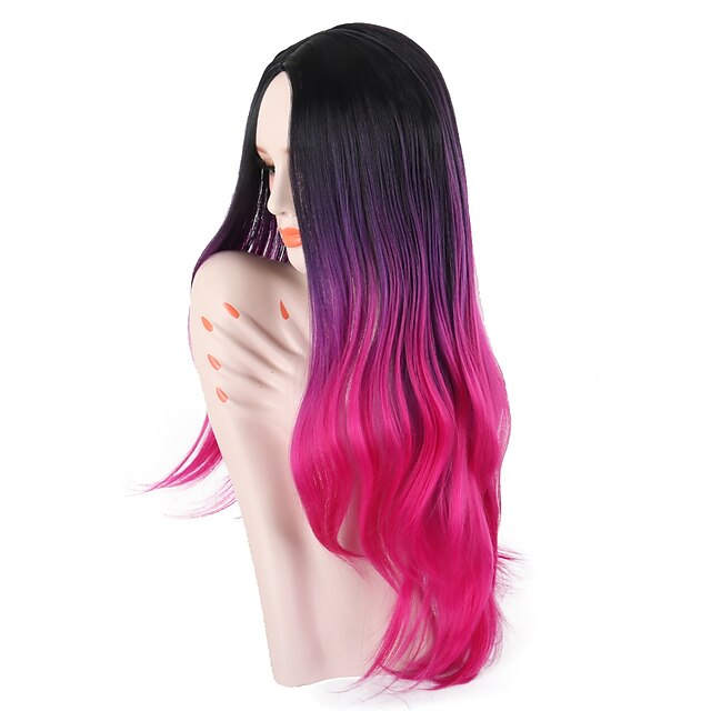  syntetisk peruk vågig stil mellandel peruk ombre lång svart/rosa syntetiskt hår 26 tums damfest klassisk syntetisk lila ombre peruk/ja halloween peruk