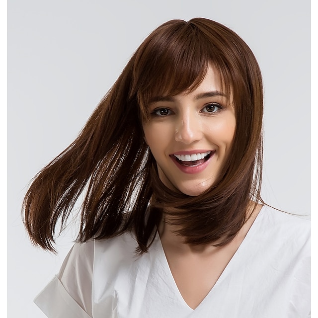  Human Hair Blend Wig Straight Bob Brown Natural Hairline Capless Women's Brown 14 inch Daily Wear