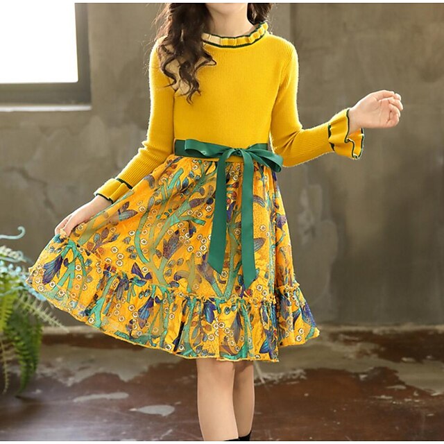  Girls' Long Sleeve Floral Patchwork 3D Printed Graphic Dresses Streetwear Sweet Knee-length Cotton Polyester Dress Fall Winter Kids Daily Going out Ruched Print