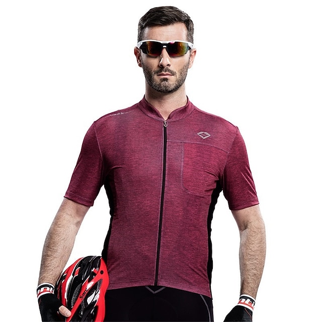  SANTIC Men's Short Sleeve Cycling Jersey Summer Polyester Burgundy Solid Color Bike Jersey Ultraviolet Resistant Quick Dry Breathable Back Pocket Limits Bacteria Sports Solid Color Mountain Bike MTB