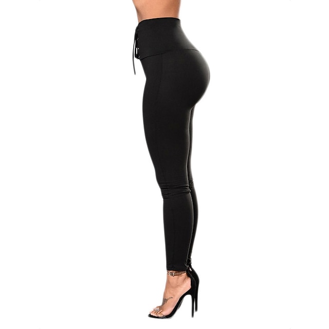  Women's High Waist Yoga Pants Drawstring Lace up Tights Leggings Bottoms Tummy Control 4 Way Stretch Solid Color Black Spandex Zumba Fitness Dance Winter Sports Activewear Stretchy Slim