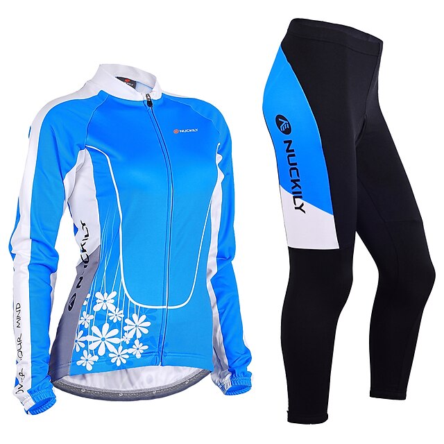  Nuckily Women's Long Sleeve Cycling Jersey with Tights Mountain Bike MTB Road Bike Cycling Winter Blue Floral Botanical Bike Clothing Suit Lycra Polyester Windproof 3D Pad Breathable Anatomic Design