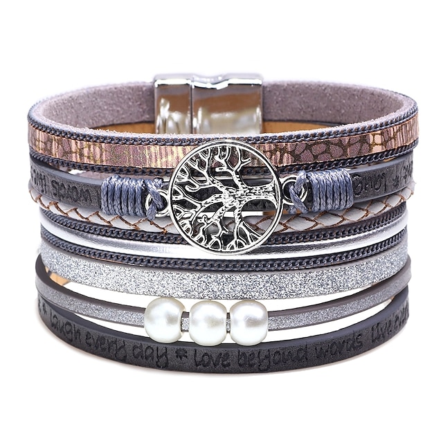  Women's Leather Bracelet Wide Bangle Classic Stylish Creative Tree of Life life Tree Ladies Simple Fashion Trendy everyday Leather Bracelet Jewelry Blue / Gray / Black For Carnival Birthday