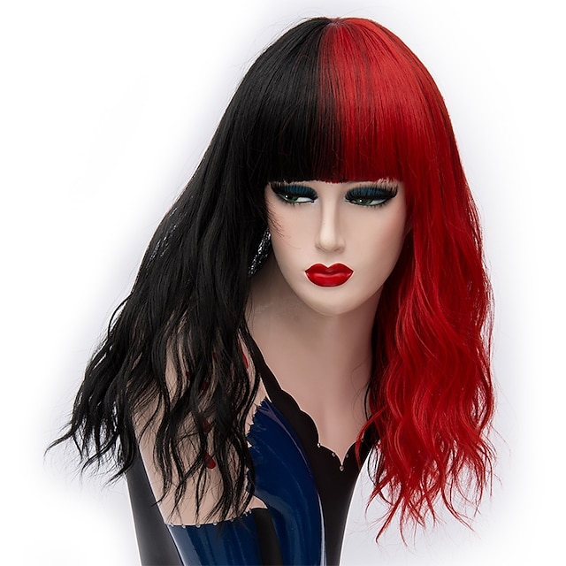  peluca gótica disfraz de cosplay peluca peluca sintética peluca rizada parte media peluca larga negro / rojo pelo sintético 18 pulgadas diseño de moda para mujer cosplay rojo negro