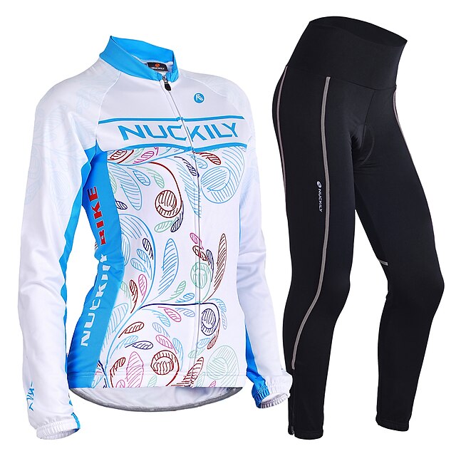  Nuckily Women's Long Sleeve Cycling Jersey with Tights Blue Floral Botanical Bike Clothing Suit Thermal / Warm Windproof Fleece Lining Breathable Anatomic Design Winter Sports Polyester Spandex Fleece