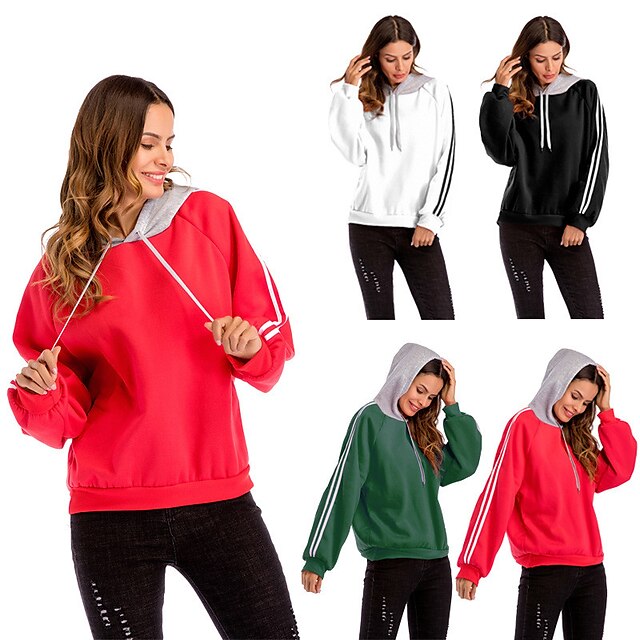  Women's Long Sleeve Hoodie Sweatshirt Patchwork Top Winter Cotton Windproof Soft Fitness Gym Workout Running Sportswear Stripes Plus Size White Black Red Green Activewear Micro-elastic