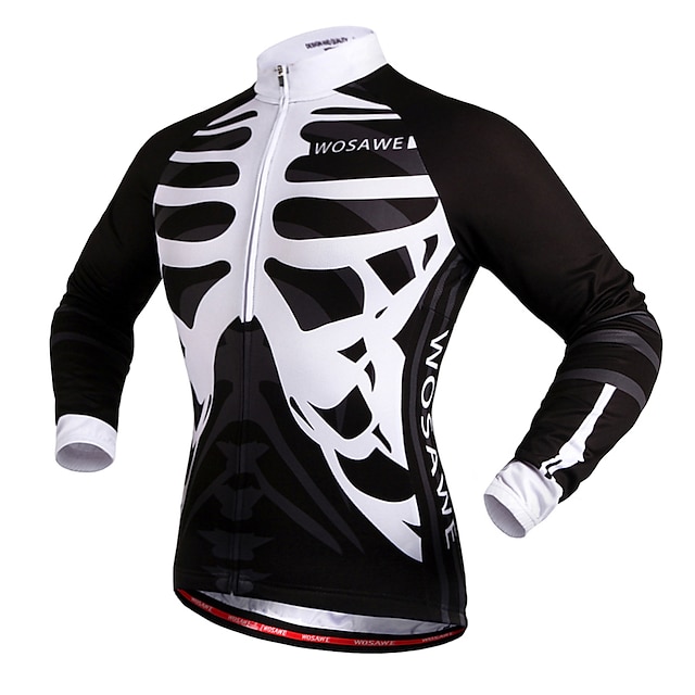  WOSAWE Homme Maillot Velo Cyclisme manche longue Hiver Cyclisme Maillot Top avec 3 poches arrière VTT Vélo tout terrain Vélo Route Coupe Vent Bandes Réfléchissantes Poche arrière Noir + blanc